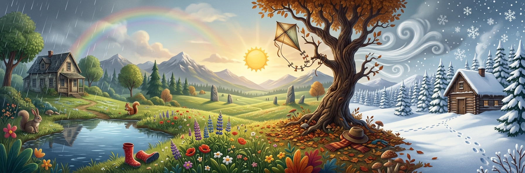 A landscape showing four kinds of weather side by side: pouring rain and a rainbow, a sunny meadow, a windy autumn tree, and a snowy winter forest